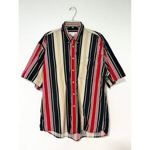 Y2K 90s Tribute Vintage Vertical Stripe Short Sleeve Button Down Shirt Red L
